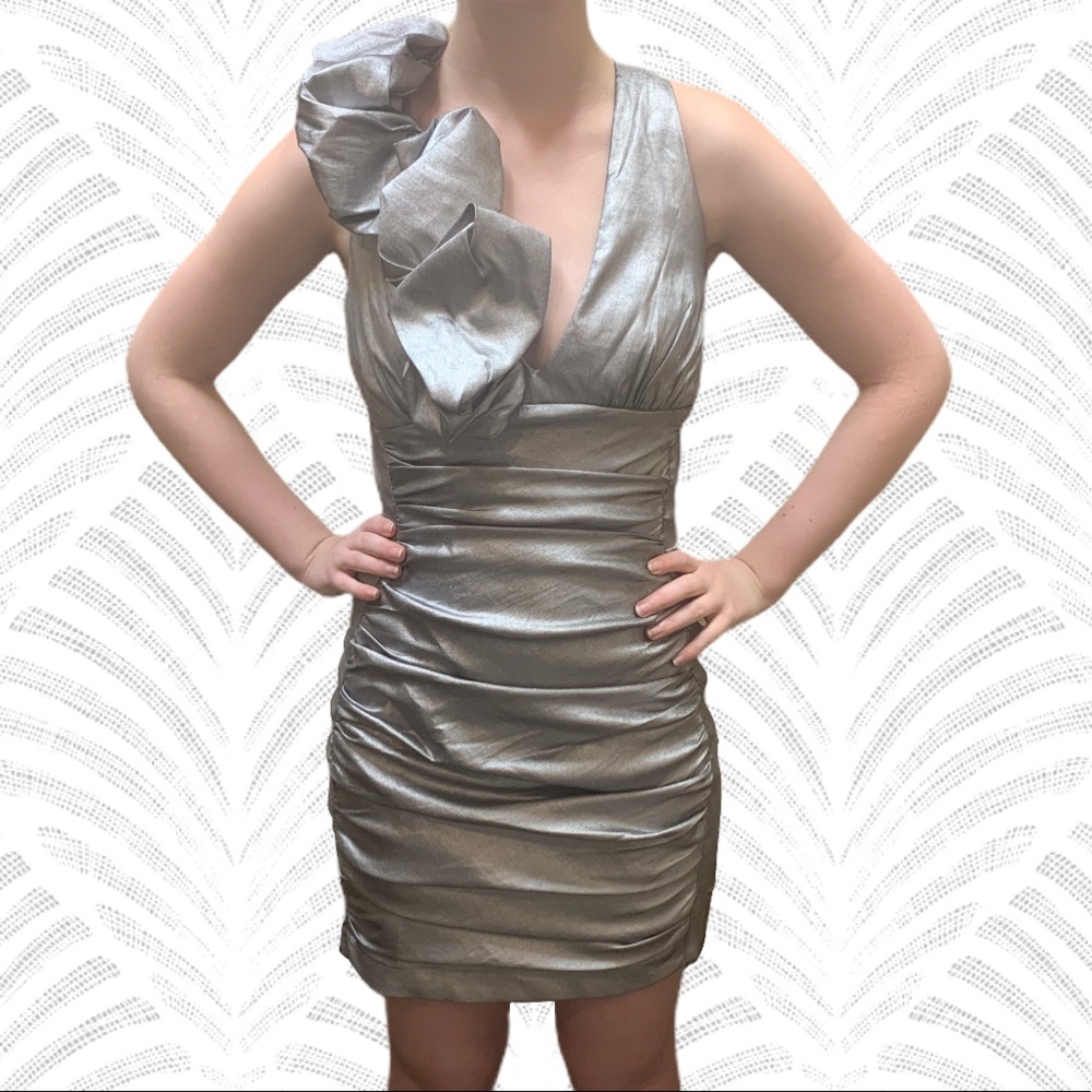 Jessica McClintock Silver Ruffled Cocktail Dress